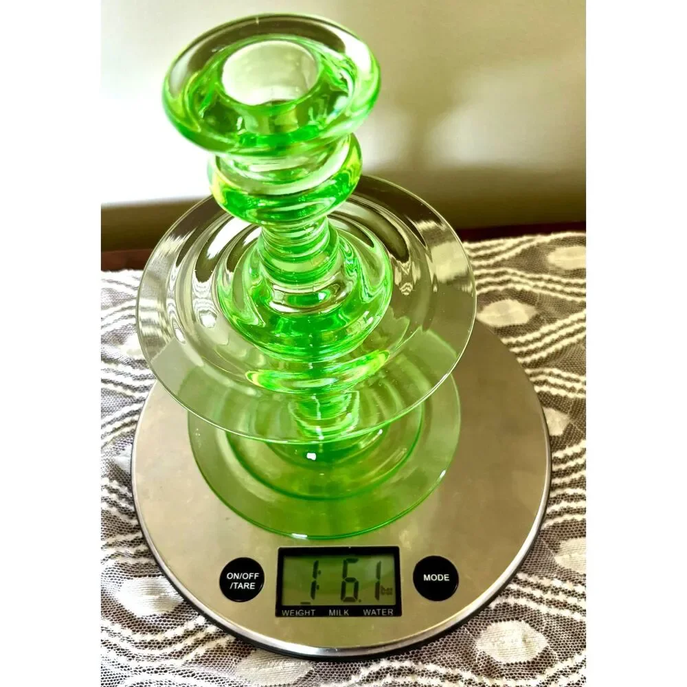 Pair Vintage Uranium Glass Candlesticks UV Reactive Green Candle Holders